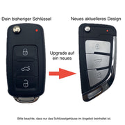 VW Autoschlüssel Gehäuse UPGRADE 3 Tasten Ersatzgehäuse, moderne Form, erinnert an BMW, mit Beschreibung und Vergleich Alt Neu
