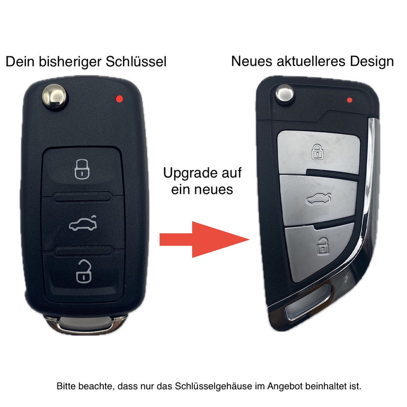 VW Autoschlüssel Gehäuse UPGRADE 3 Tasten Ersatzgehäuse, moderne Form, erinnert an BMW, mit Beschreibung und Vergleich Alt Neu
