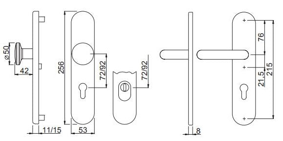 Maßzeichnung Schutzbeschlag ES1, 92 mm, Schild 256 × 53 mm | schluessel24