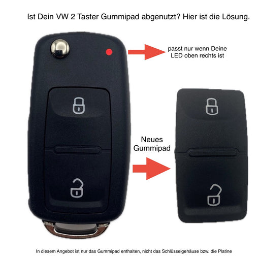 VW Autoschlüssel Gehäuse 2 Taster mit Pfeilen auf das passende Gummipad
