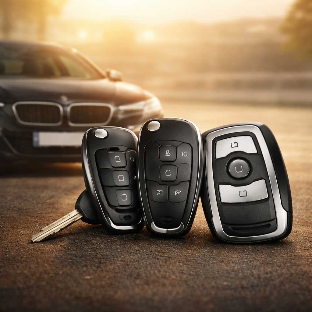 Autoschlüssel komplett Auto im Hintergrund, mit 3 Autoschlüsseln