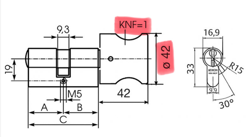 Technische Zeichung Knaufzylinder IKON SK6 mit Knauf 1