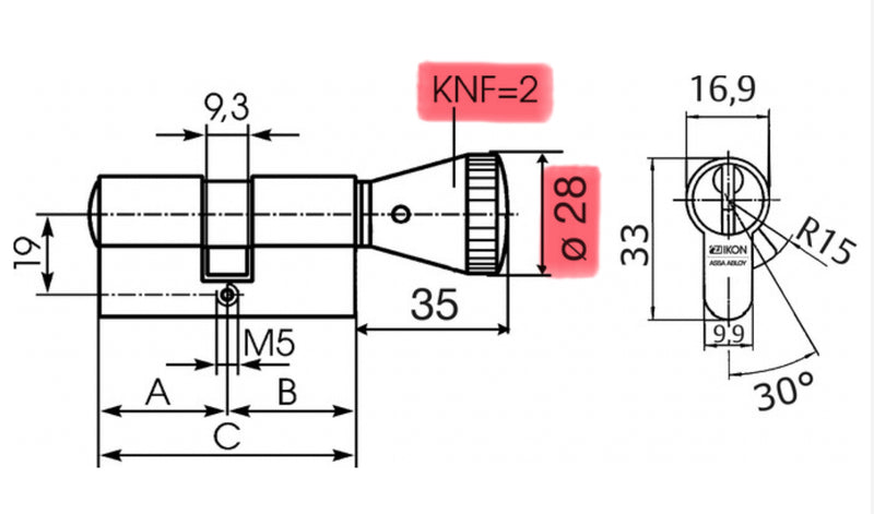 Technische Zeichung Knaufzylinder IKON SK6 mit Knauf 2