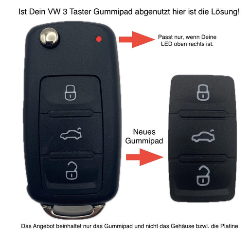 VW Autoschlüssel Gehäuse LED oben mit Pfeilen auf das passende Gummipad
