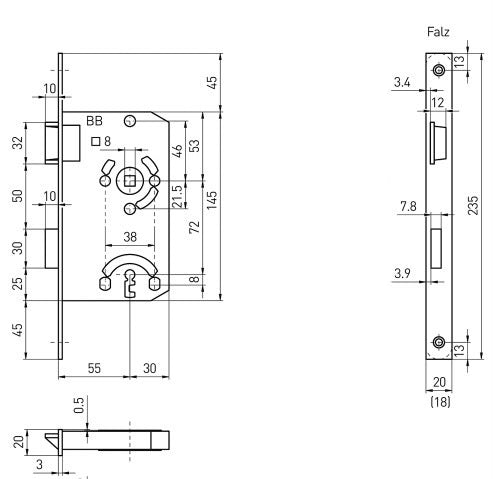 Buntbart-Einsteckschloss 55/72 mm Klasse 1, Stulp 20 mm | DIN links & rechts