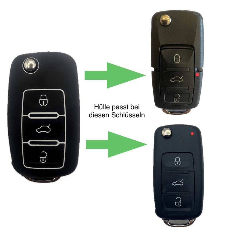 Autoschlüssel Hülle Silikon für VW, SEAT & Skoda 3 Tasten Klappschlüssel (LED oben oder Mitte), schwarz