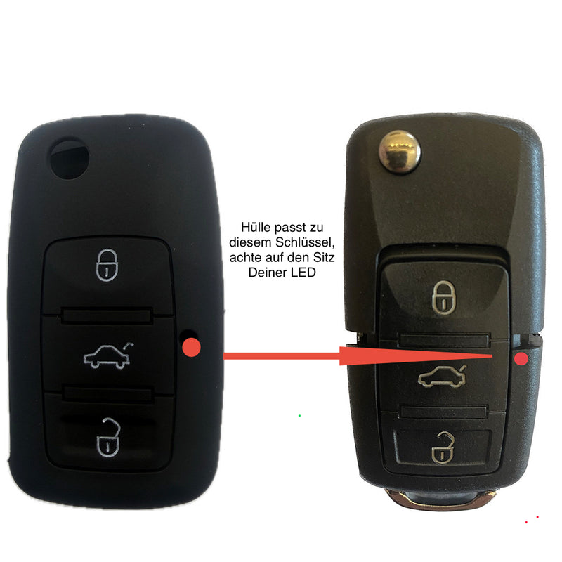 Autoschlüssel Hülle Silikon für VW, SEAT & Skoda 3 Tasten Klappschlüssel (LED Mitte), schwarz