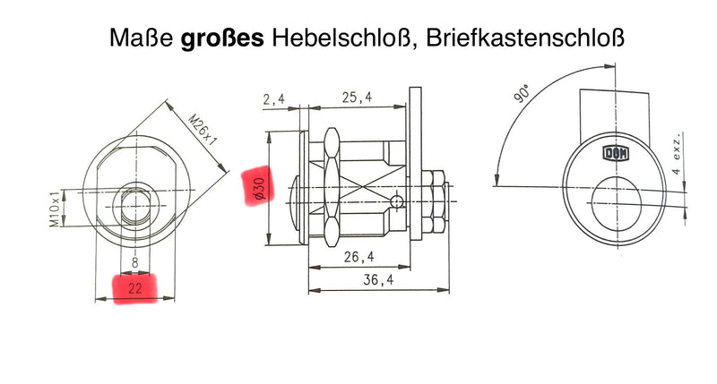 DOM IX Twido Briefkastenschloss Maßzeichnung, großes Schloss
