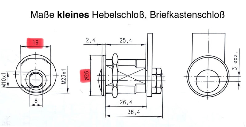 DOM IX Twido Briefkastenschloss Maßzeichnung, kleines Schloß
