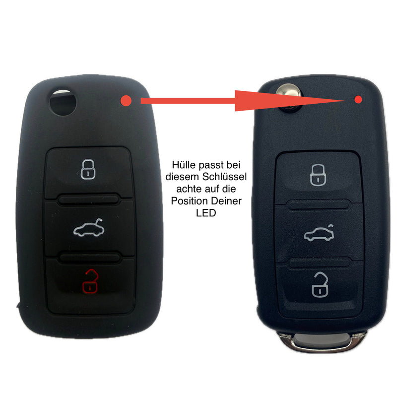 Autoschlüssel Hülle Silikon für VW, SEAT & Skoda 3 Tasten Klappschlüssel (LED oben rechts), schwarz