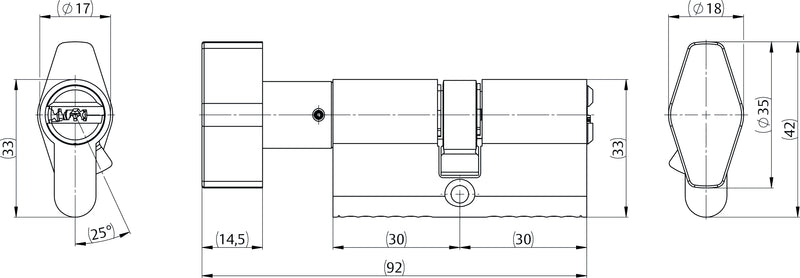 Technische Zeichnung des Knaufzylinders IKON RW6 mit Standardknauf KNF 95