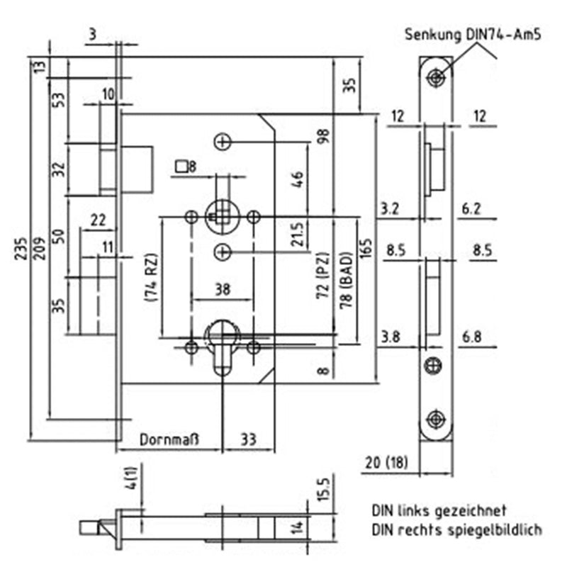Objekt-Einsteckschloss PZ 72 mm Klasse 3, Dornmaß 60 oder 65 mm, Edelstahl-Stulp | DIN links & rechts