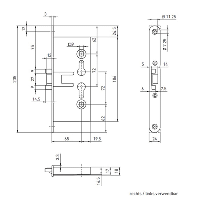 Einsteckschloss für Feuerschutztüren PZ 65/72 mm, 9 mm Vierkant, Stulp 24 mm
