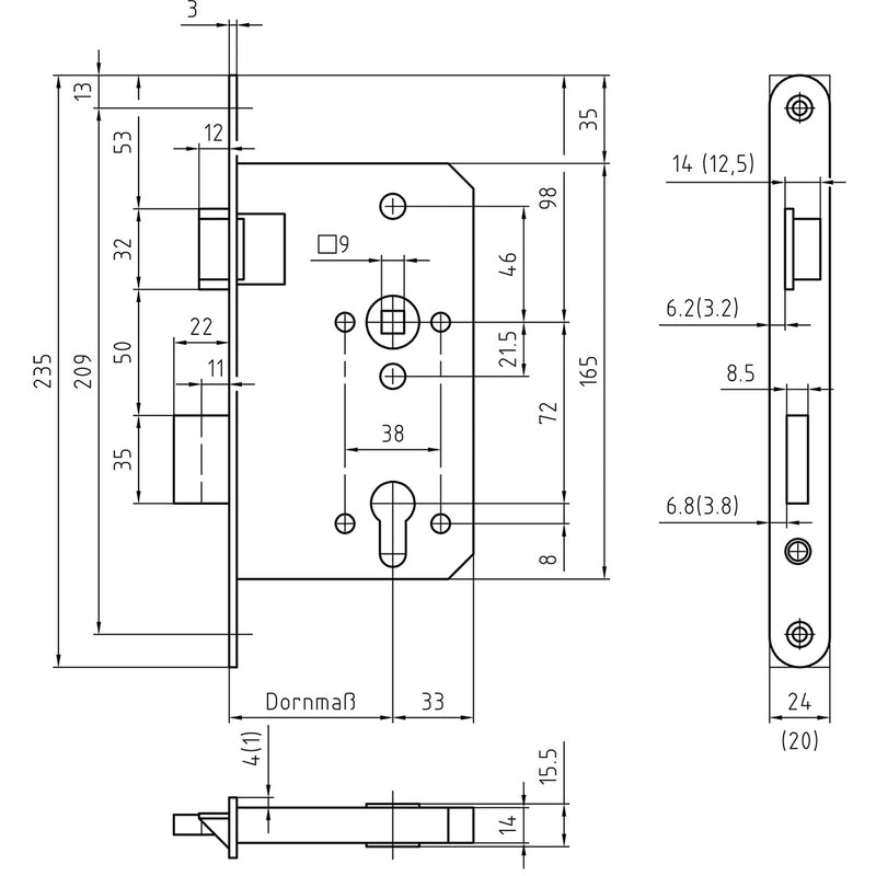 Einsteckschloss für Feuerschutztüren PZ 65/72 mm, 9 mm Vierkant, Stulp 24 mm