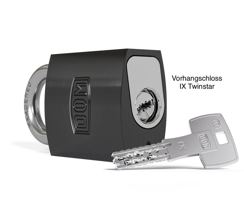 Hangschloss DOM IX Twinstar mit Sicherungskarte, Wendeschlüssel, Doppelrolle, 2in1