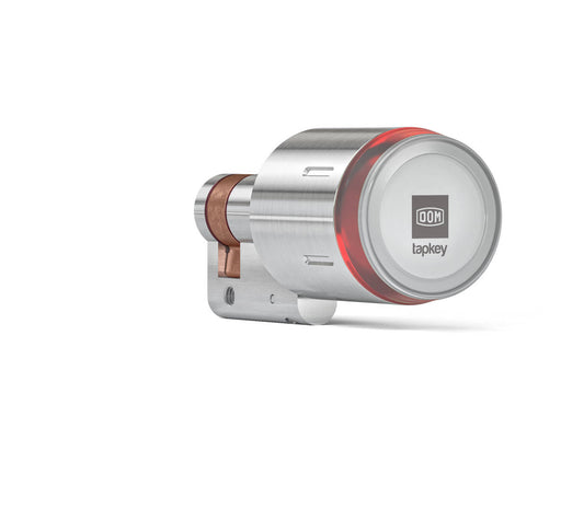 DOM Tapkey Pro V2 Halbzylinder Detailansicht Zylinderkopf, rot leuchtend