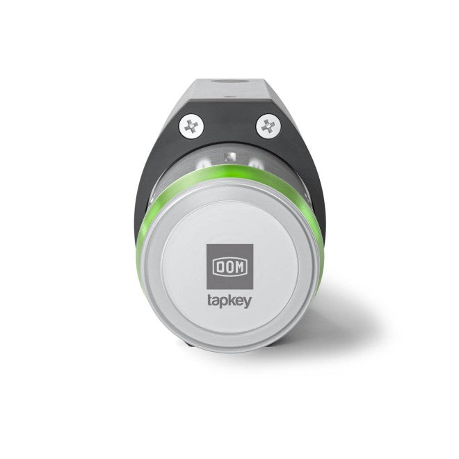 DOM Tapkey Pro V2 elektronisches Vorhangschloss Smart Padlock, Frontalansicht, leuchtet grün
