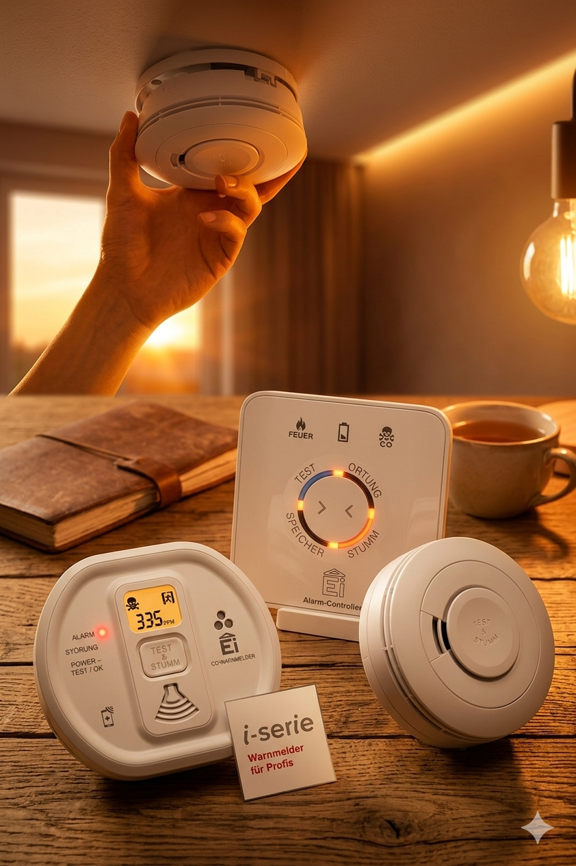 Rauchmeld, Alarmcontroller und co melder auf warmem hintergrund