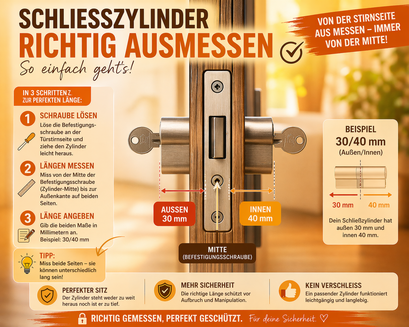 Schliesszylinder richtig ausmessen Bild, aussen und innen richtig messen